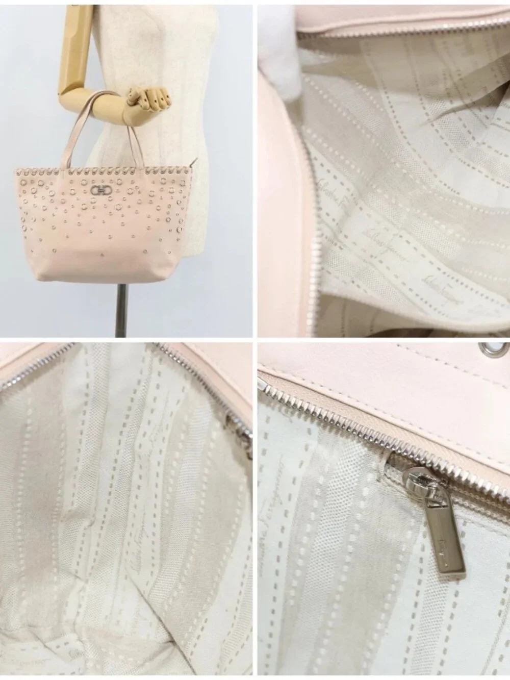 Salvatore Ferragamo Gancini Hand Bag Leather Pink Silver Auth gh1927